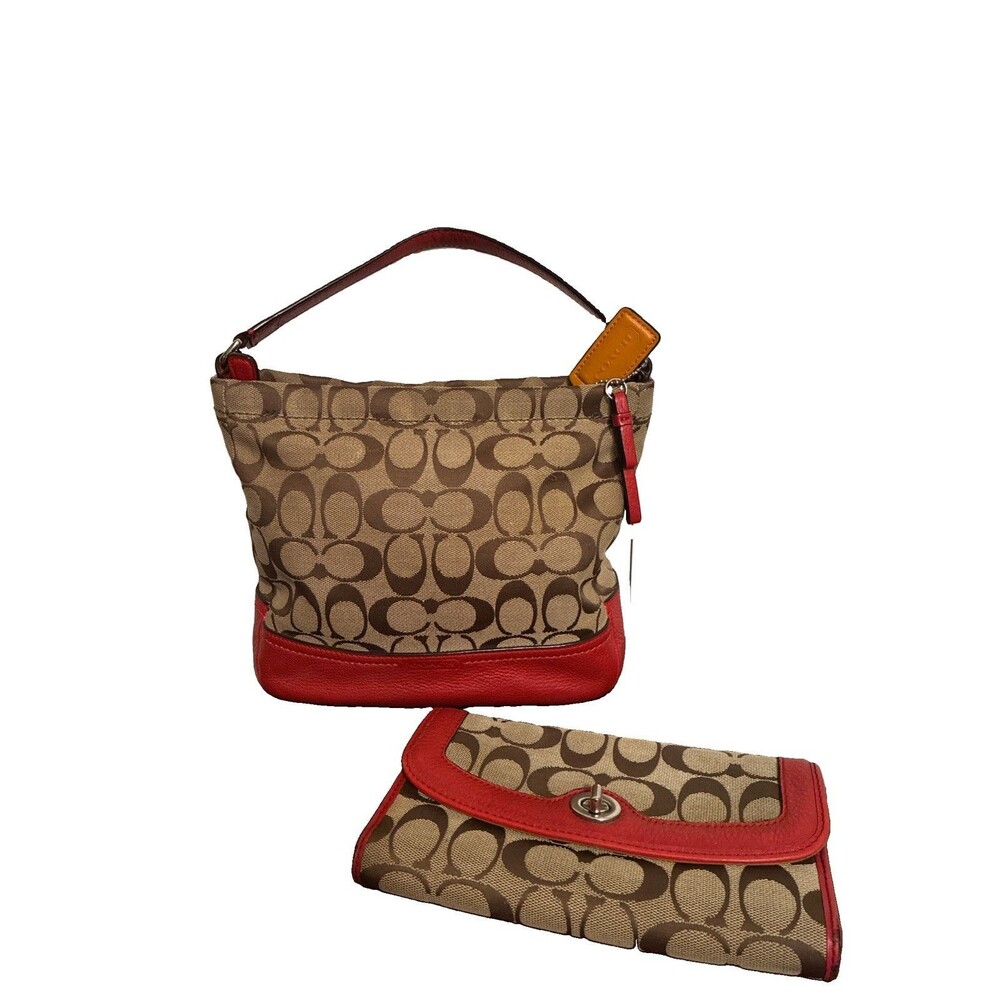Coach Signature Mini Hobo Park Tan Red Shoulder Bag Matching Wallet Set Vtg RARE